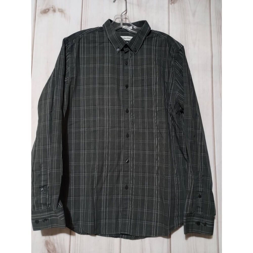 Calvin Klein Mens Slim Fit Grey‎ Plaid Button Down Shirt Long Sleeve Large L